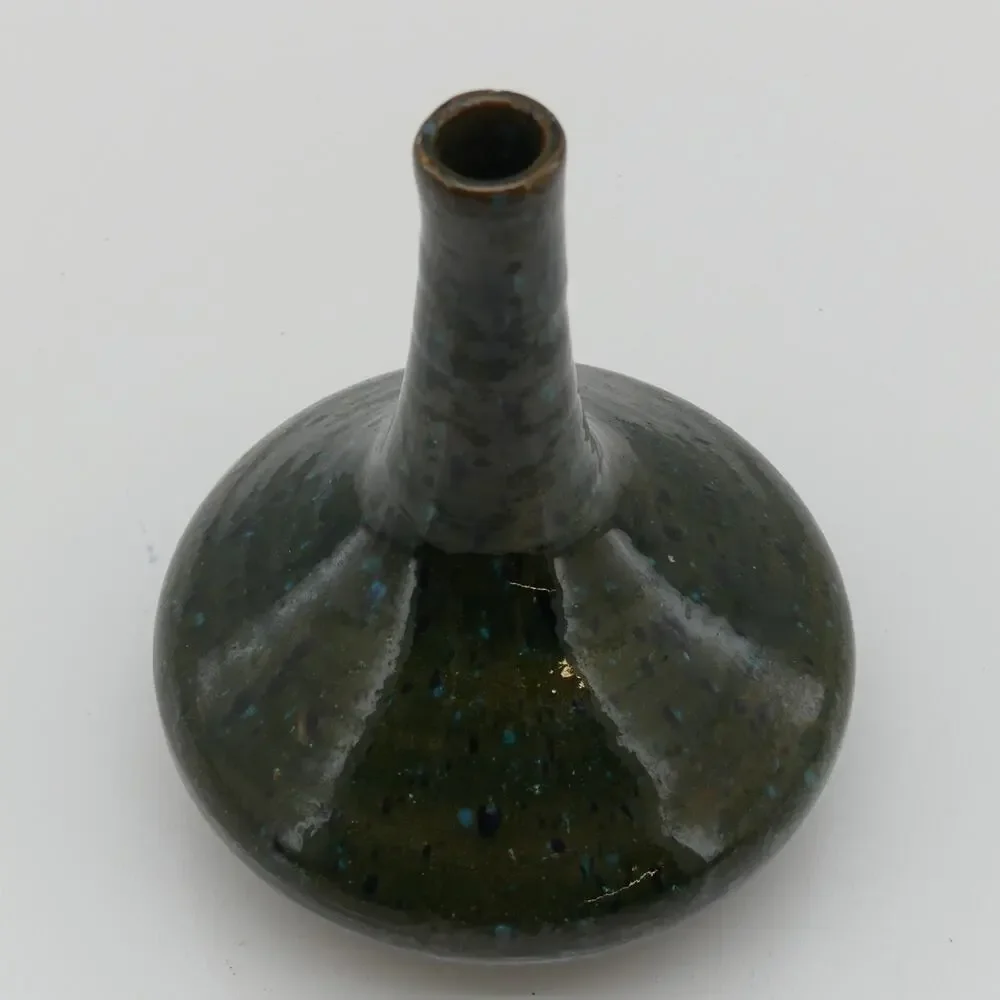 Studio Art Pottery Bottle Vase Green Blue Speckled Glaze Handmade Ceramic Decor